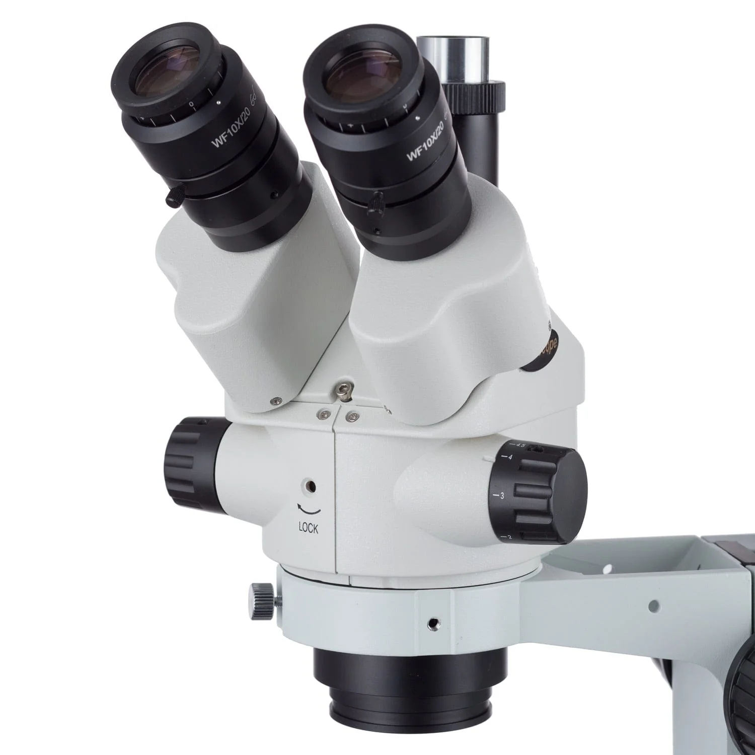 AmScope SM-3 Series Simul-Focal Lockable Zoom Binocular Stereo Microscope 3.5X-45X Magnification on Single Arm Boom Stand with Fiber Optic Ring Illuminator and Camera - Image 3