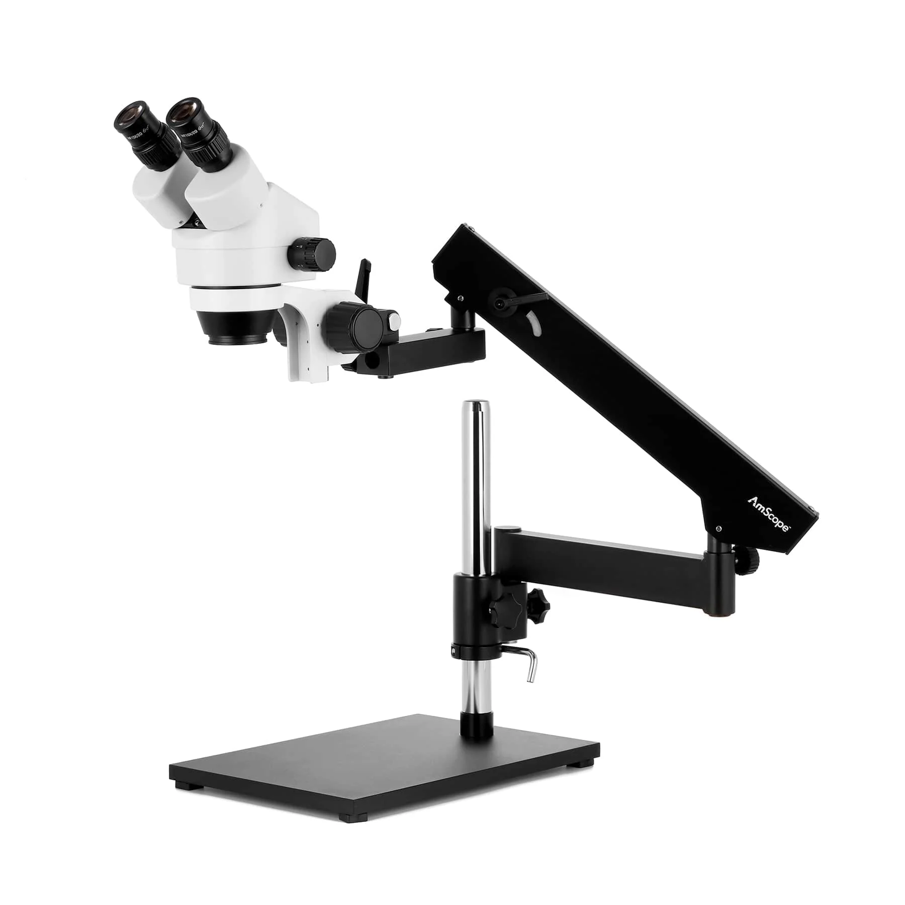AmScope SM-7 Series Binocular Zoom Microscope 7X-90X Magnification on Articulating Stand with Base Plate and Fluorescent Ring Light - Image 3
